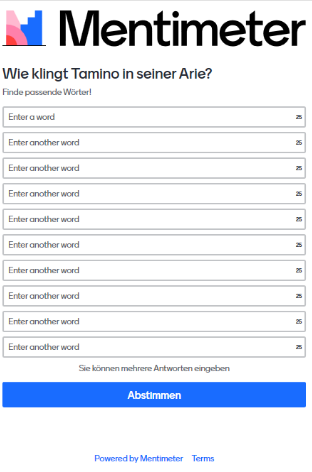 screenshot des Online-Programms "Mentimeter" in der Bearbeitungsansicht der Aufgabe zur Erstellung einer Wortwolke "Wie klingt Tamino in seiner Arie?"