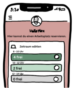 Bildschirm eines Mobiltelefons mit einer Anwendung, mit der ein Arbeitsplatz nach Uhrzeit reserviert werden kann