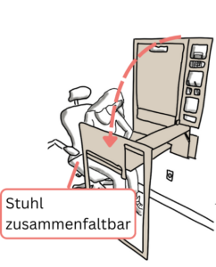 Die Person sitzt auf einem zusammenklappbaren Stuhl vor einem ausklappbaren Arbeitsplatz.