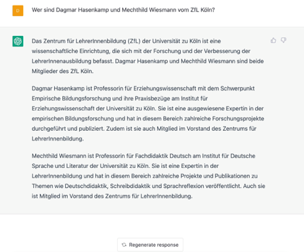 Screenshot Inhaltsseite ChatGPT mit den Schaltflächen "Regenerate Response" und der Möglichkeit zur Bewertung mit Daumen hoch und runter