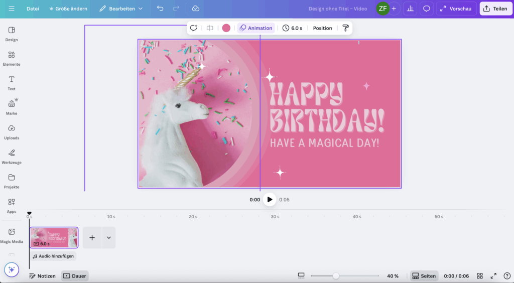 Screenshot des Menüs aus Canva zur Videobearbeitung