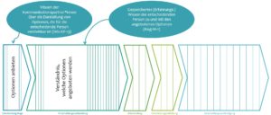 2 Beispiele für Voraussetzungen von Entscheidungskompetenz und ihre Verortung in bestimmten Teilprozessen des Entscheidungsprozesses. 1. Beispiel: Wissen der Kommunikationspartner*innen über eine verstehbare Darstellung der Optionen ist beim Entscheidungsangebot in der Phase der Entscheidungsfrage relevant. 2. Beispiel: Beim Verständnis der Optionen in der Phase der Entscheidungsvorbereitung braucht die entscheidende Person gespeichertes (Erfahrungs-)Wissen zu und mit den angebotenen Optionen.