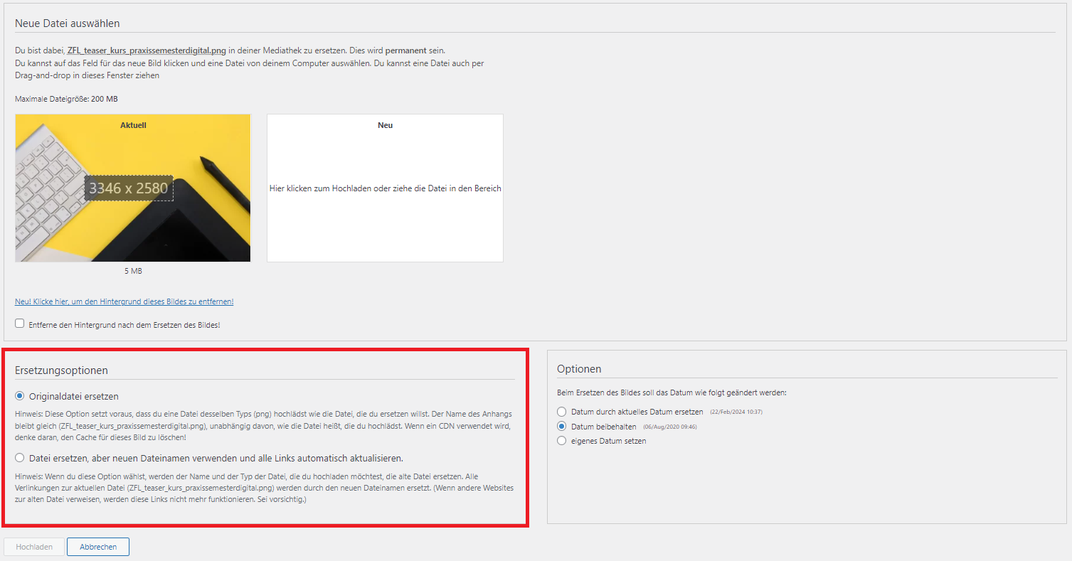 Screenshot des Fensters in WordPress zum Ersetzen einer Datei