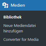 Screenshot des WordPress-Menüs Medien mit ausgewähltem Untermenü Bibliothek