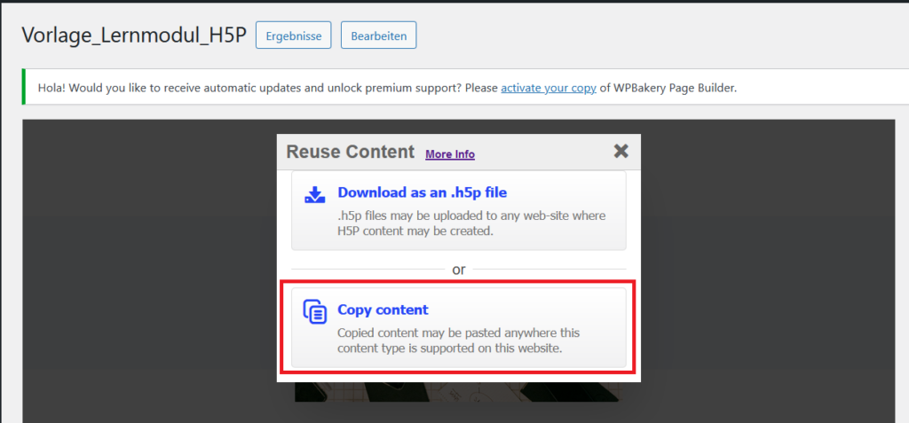 Screenshot des H5P Elements nach Klick auf Reuse, markiert ist "Copy Content"