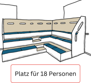 Eine L-formige Sitztribüne mit Platz für 18 Personen