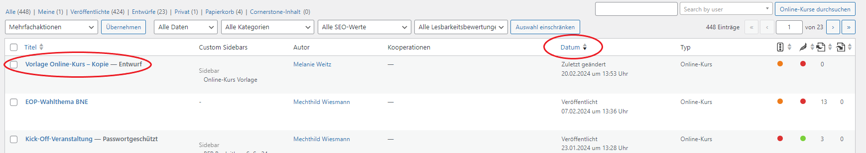 Screenshot der nach Datum sortierten Liste aller Online-Kurse