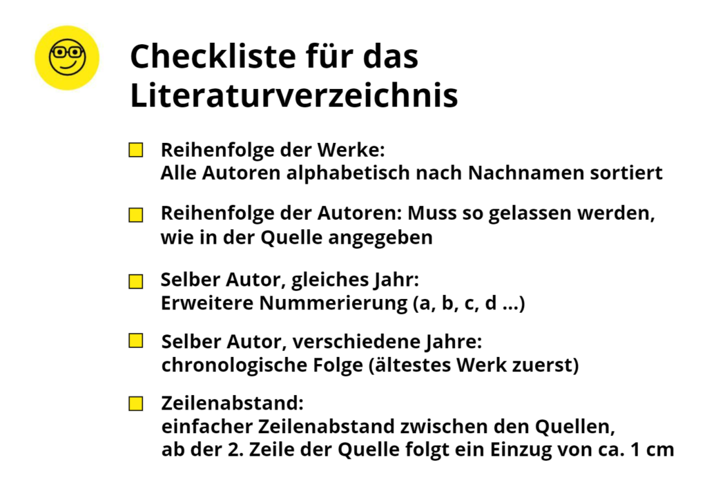 Checkliste für das Literaturverzeichnis: Reihenfolge der Werke: Alle Autoren alphabetisch nach Nachnamen sortiert Reihenfolge der Autoren: Muss so gelassen werden, wie in der Quelle angegeben Selber Autor, gleiches Jahr: Erweitere Nummerierung (a, b, c, d …) Selber Autor, verschiedene Jahre: chronologische Folge (ältestes Werk zuerst) Zeilenabstand: einfacher Zeilenabstand zwischen den Quellen, ab der 2. Zeile der Quelle folgt ein Einzug von ca. 1 cm