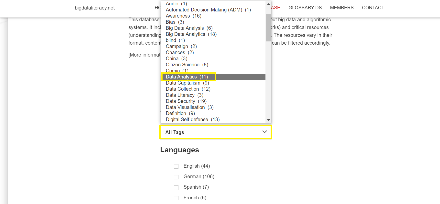 Screenshot zur Nutzung der Filterfunktion auf bigdataliteracy.net 