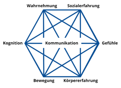 Das Bild zeigt ein Begriffsnetz mit den Begriffen Kommunikation (im Zentrum), außen herum Wahrnehmung, Sozialerfahrung, Gefühle, Körpererfahrung, Bewegung und Kognition.