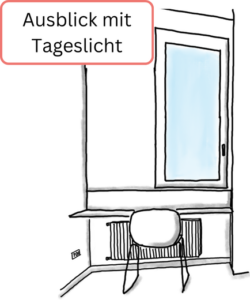 An einem Fenster ist eine Arbeitsplatte befestigt, die als Arbeitsplatz mit Ausblick und Tageslicht genutzt werden kann