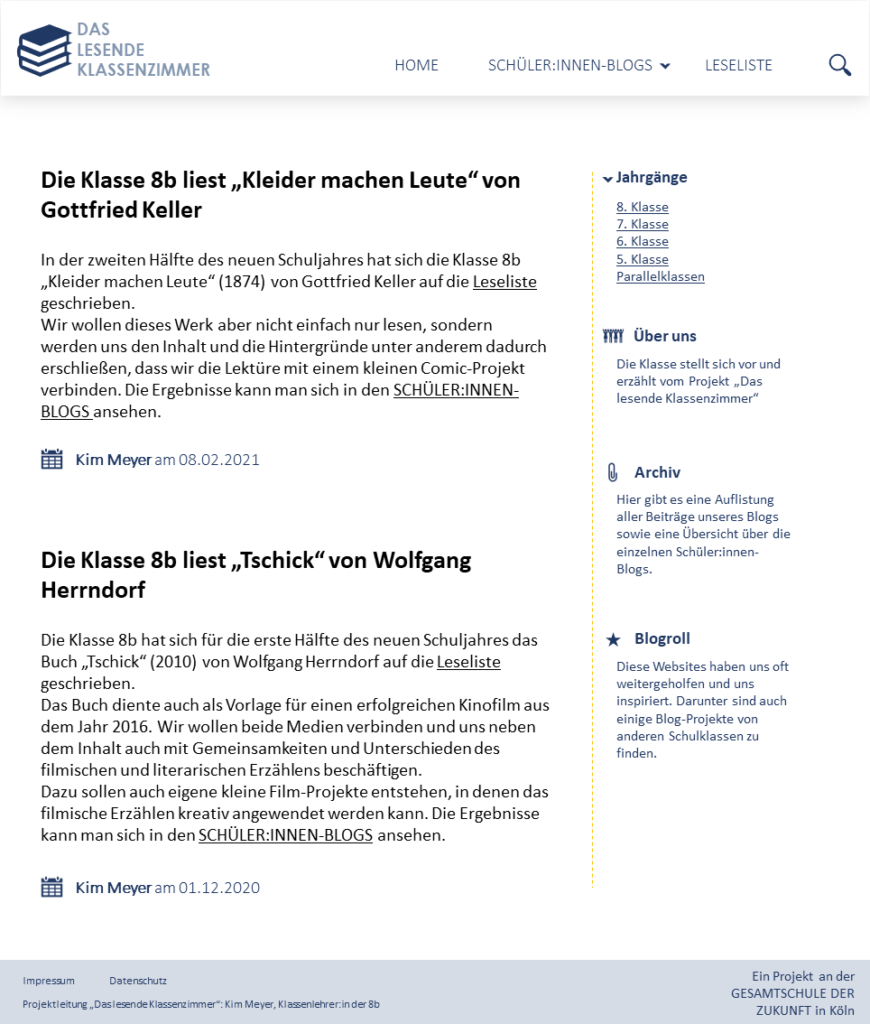 Beispielhafter Blogaufbau. Header als obere Zeile mit Logo, Titel & Menüpunkten. Rechte Spalte mit Kategorien, Über uns, Archiv & Blogroll für Blogempfehlungen. Seitenfüllend zwei Blogbeiträge mit je Titel, Text, Autor:in, Datum. Footer als untere Zeile mit Impressum, Datenschutz & Zusatzinfos. 