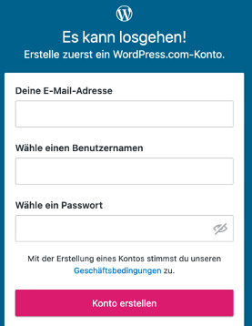 Screenshot von WordPress zur Registrierung