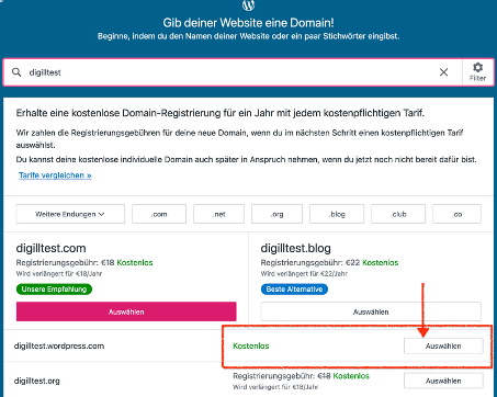 Screenshot: Kostenlose Domainregistrierung auswählen, indem man diejenige mit der Endung .wordpress wählt