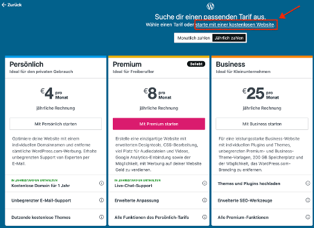 Screenshot: Nicht den persönlichen, Premium- oder Businesstarif wählen, sondern klicken auf "starte mit einer kostenlosen Website"