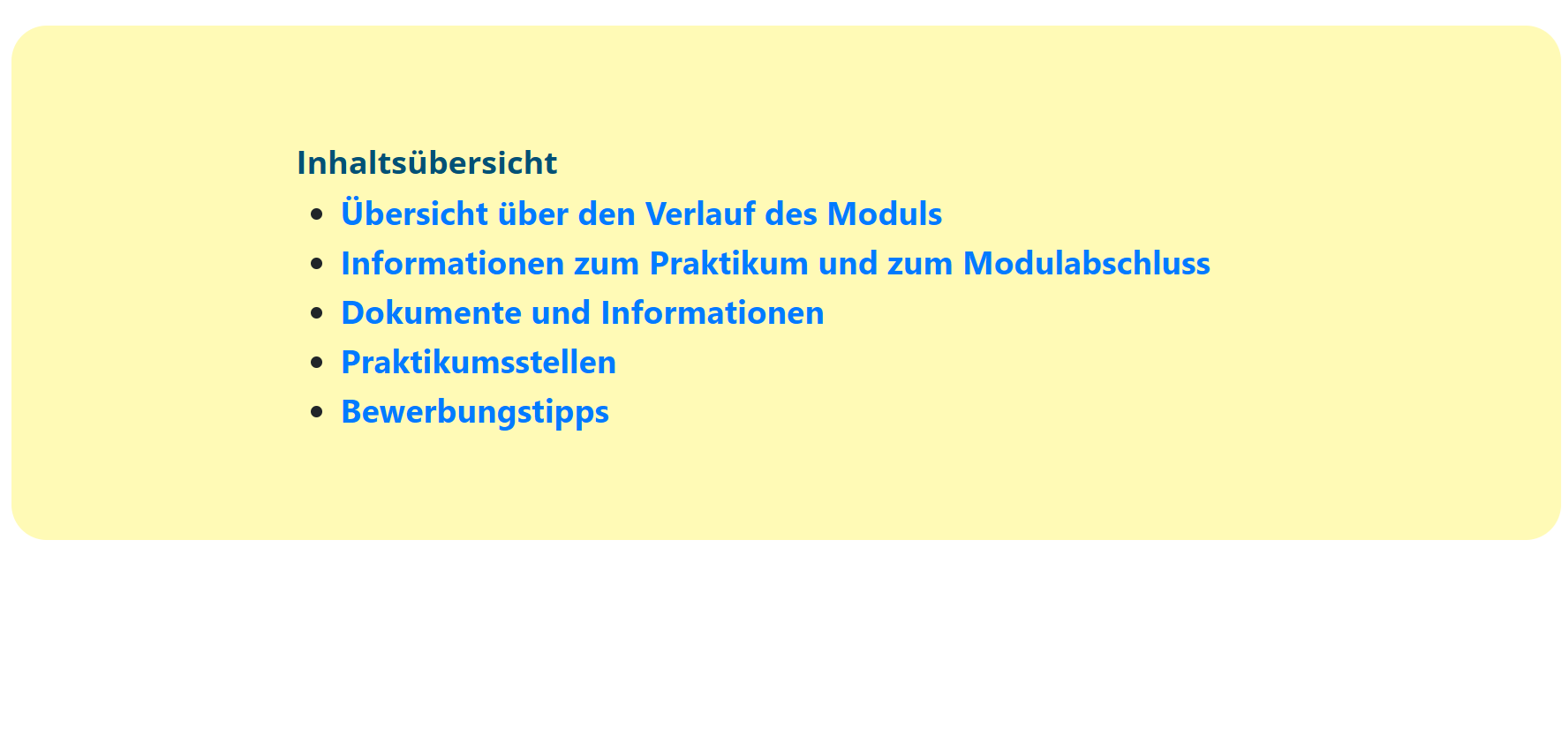 Screenshot einer internen Navigation auf einer Online-Kurs Seite