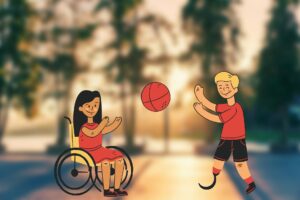 Zeichnung von zwei Kindern, die sich einen Ball zuwerfen, das Mädchen links sitzt im Rollstuhl, dem Jungen rechts fehlt das untere rechte Bein und er trägt eine Prothese.