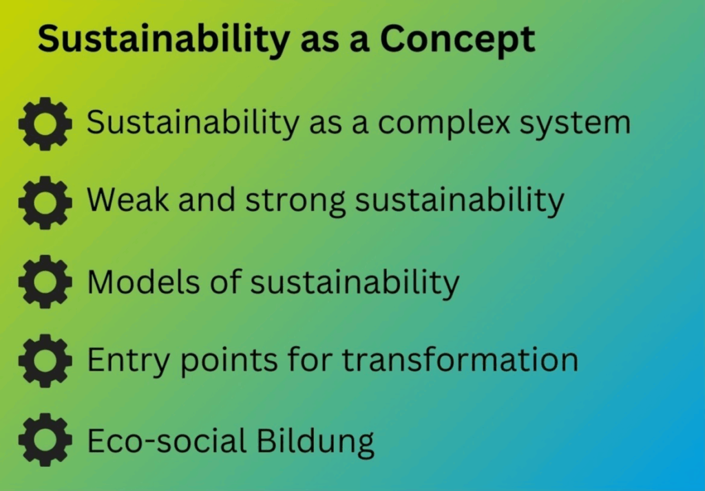 The module "Sustainability as a Concept" includes the contents: sustainability as a complex system, weak and strong sustainability, models of sustainability, entry points of transformation and eco-social Bildung