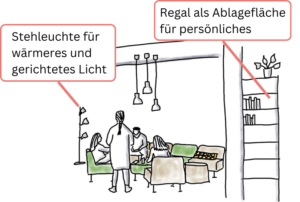 Sitzgruppe aus Sofas und Polster, Regal als Ablagefläche und Stehlampe für gerichtetes Licht